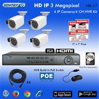 Sentry US 4CH 2TB HDD POE NVR with 4x 3M IP IR Bullet Camera Kit