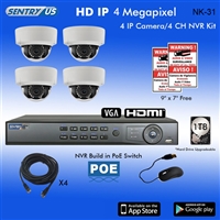 Sentry US 4CH 1TB HDD POE NVR with 4x 4M IP IR Dome Camera Kit